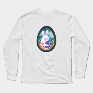 Cute white bunny with floral easter egg decoration on blue sky, version 5 Long Sleeve T-Shirt